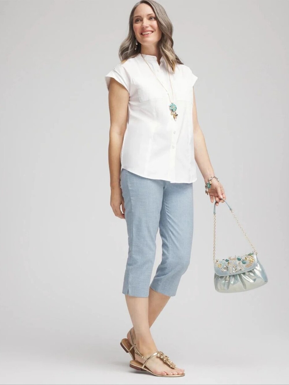 Chicos 2 So Slimming Brigitte Crossdye Crop Blue Pearl Pants Sz 12 New $80 WS49